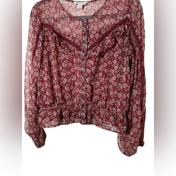 American Eagle Sheer Floral Blouse Large Burgundy Long Sleeve Boho Peasant Top - Picture 5 of 9